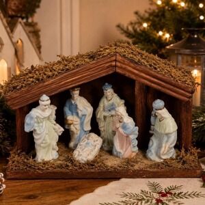Pastel Porcelain Nativity Scene Wooden Stable Christmas Decor Holiday Display